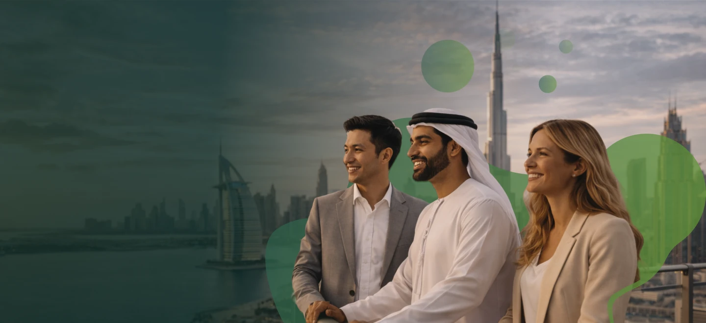 Dubai skyline at dusk with the TVO Tourism customer-care team in the foreground