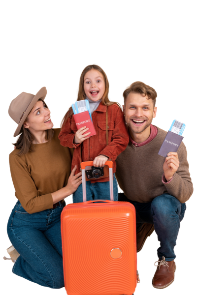 Happy travellers with passports