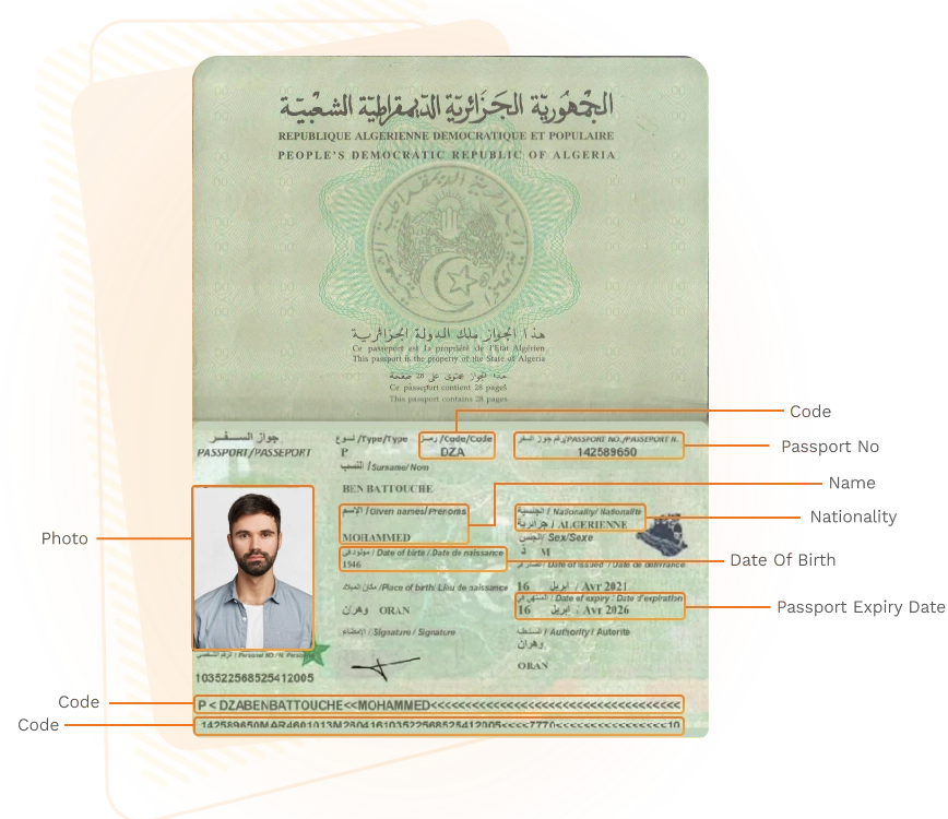 Passport sample for algeria showing required details
