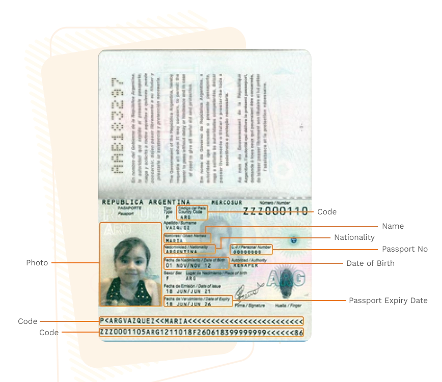 Passport sample for argentina showing required details