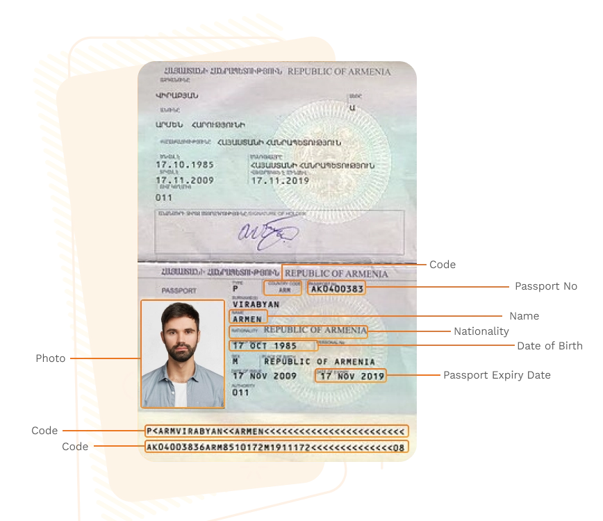 Passport sample for armenia showing required details