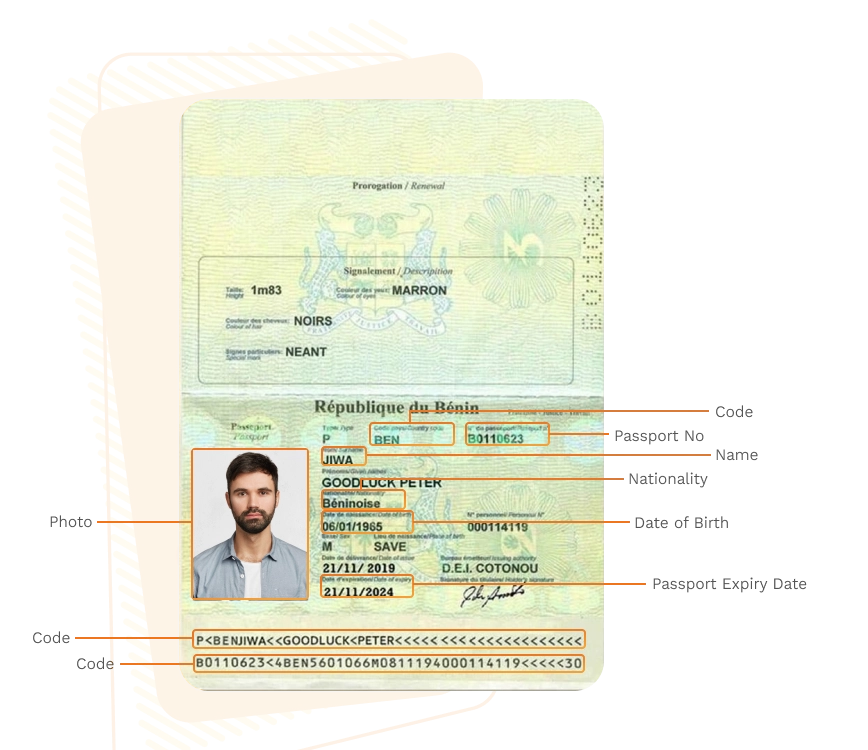 Passport sample for benin showing required details