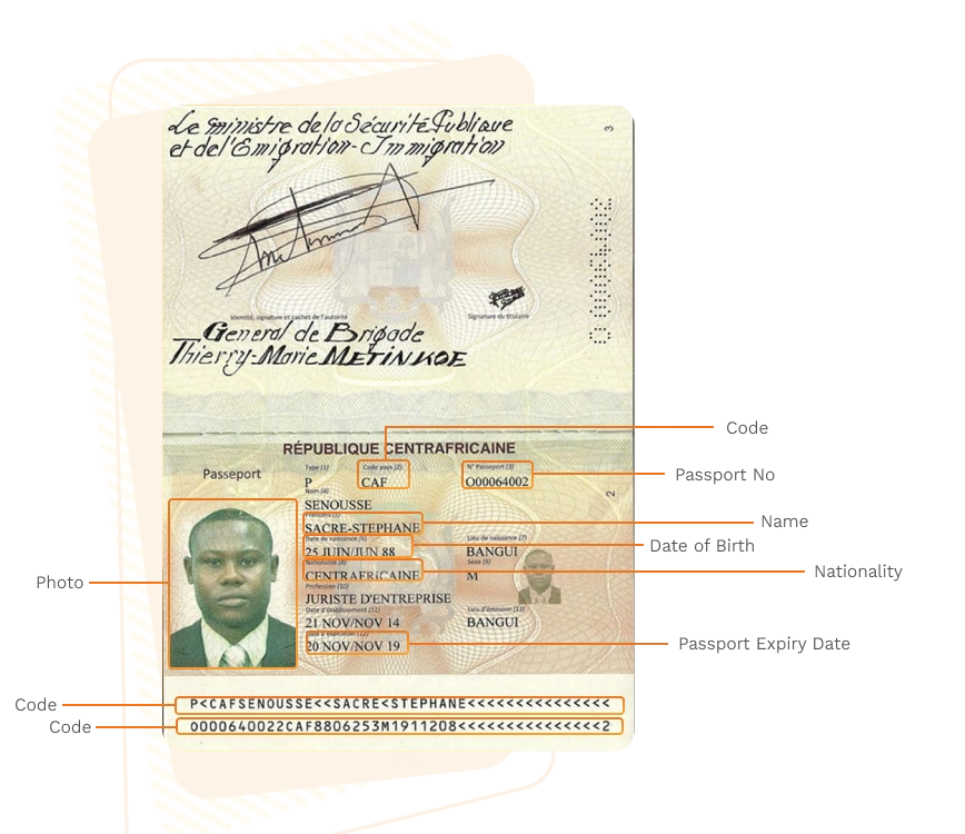 Passport sample for central-african-republic showing required details