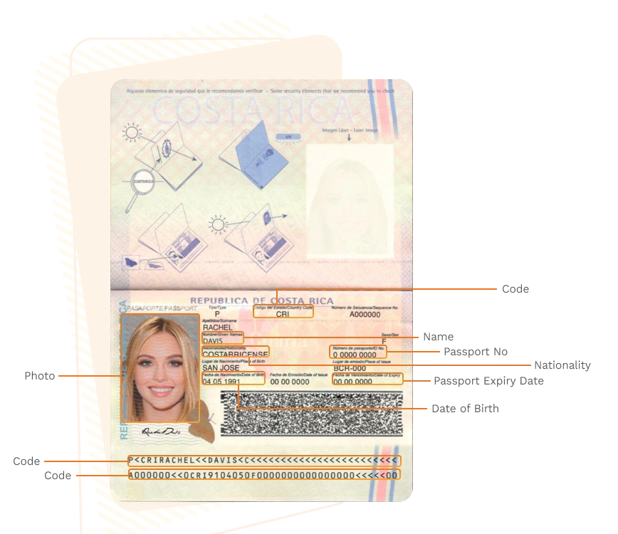 Passport sample for costa-rica showing required details