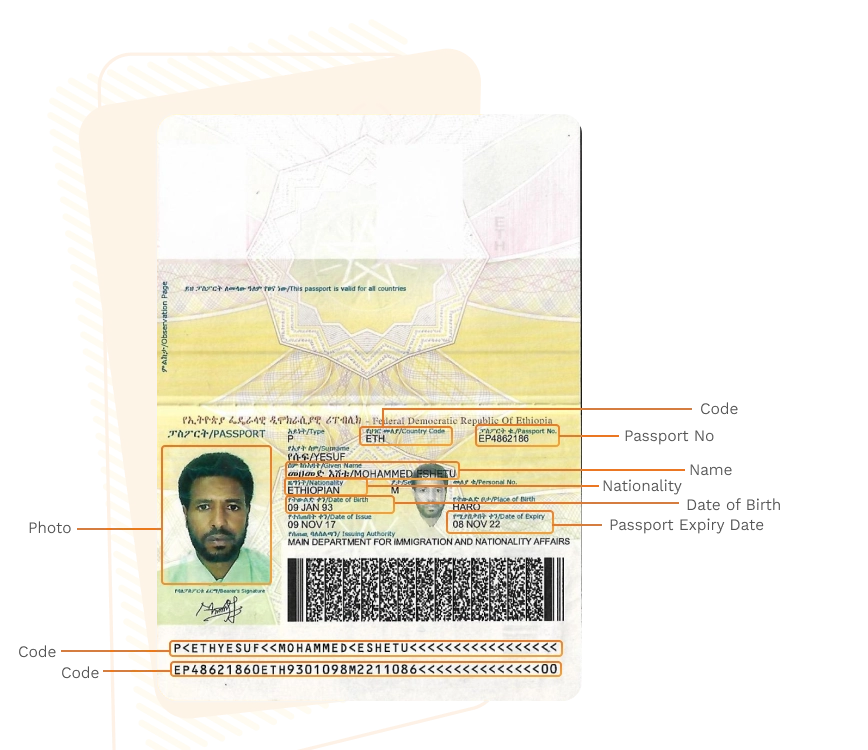 Passport sample for ethiopia showing required details