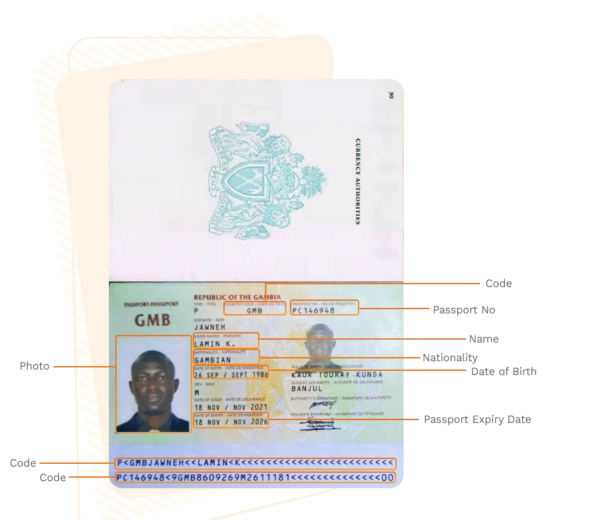 Passport sample for gambia showing required details