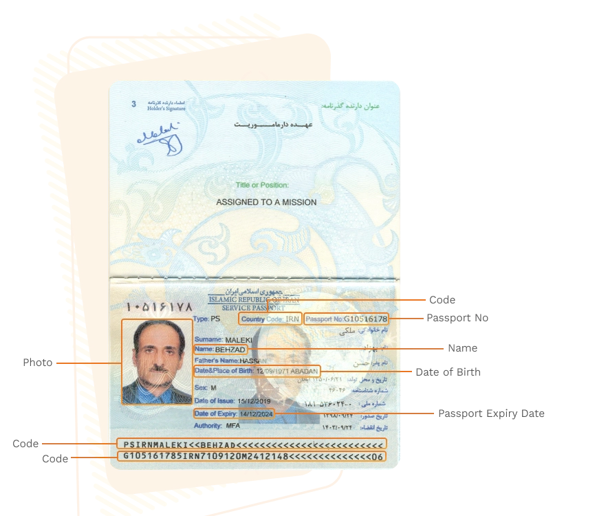 Passport sample for iran showing required details