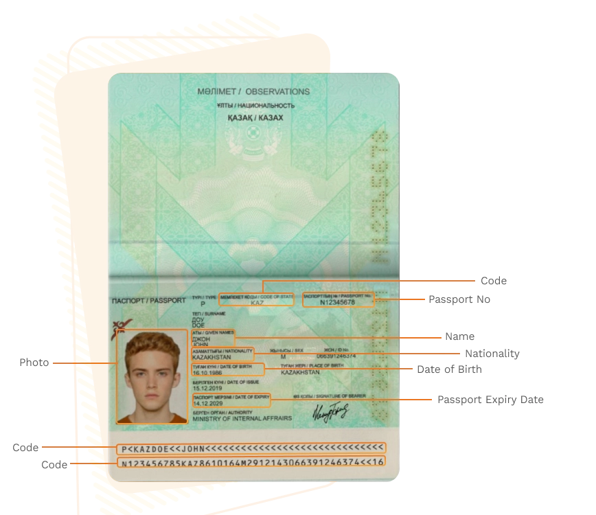 Passport sample for kazakhstan showing required details