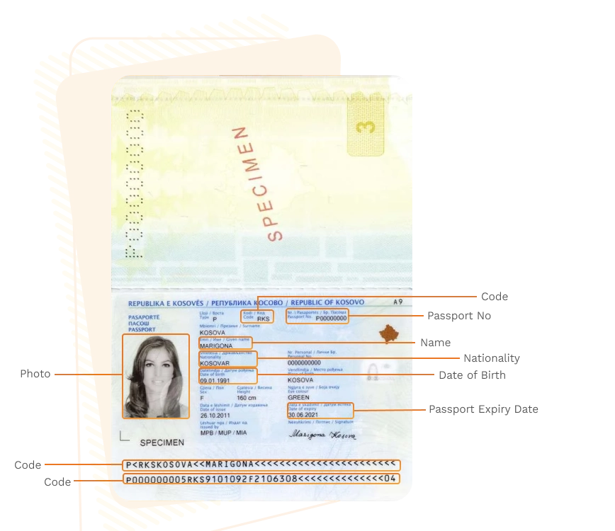 Passport sample for kosovo showing required details
