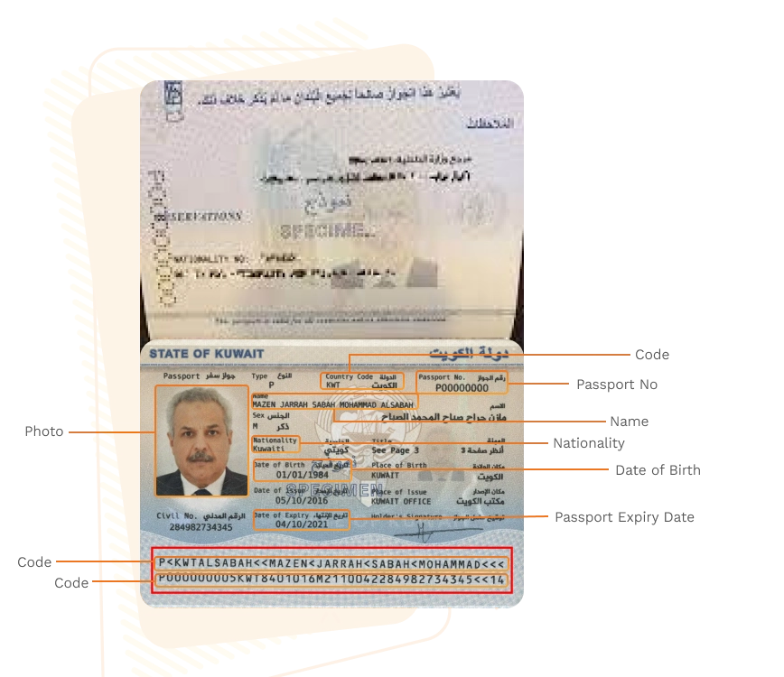 Passport sample for kuwait showing required details