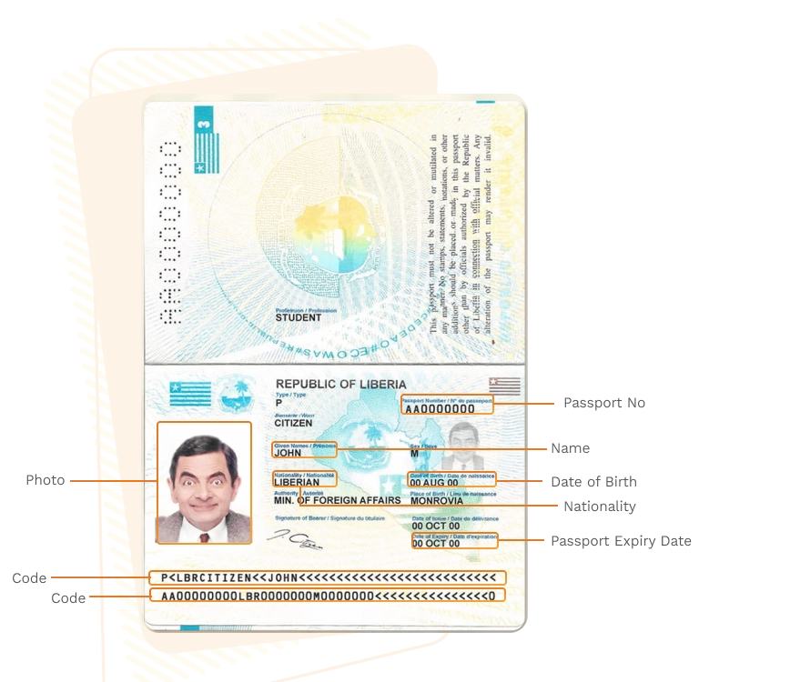 Passport sample for liberia showing required details