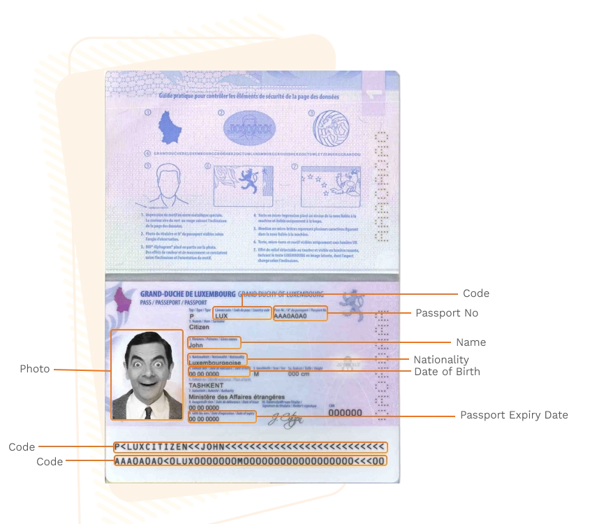Passport sample for luxembourg showing required details
