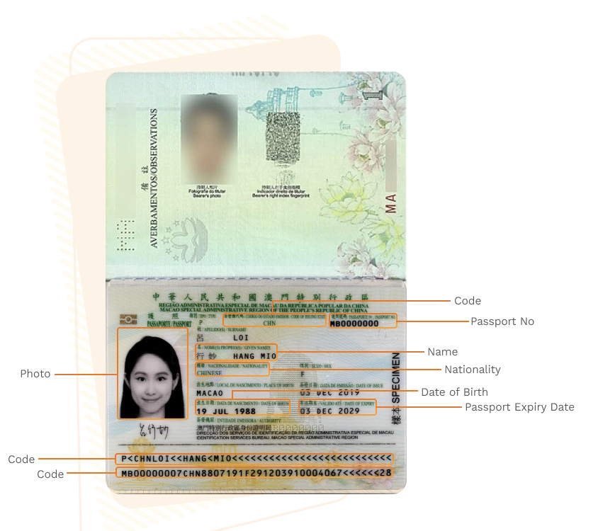 Passport sample for macau showing required details