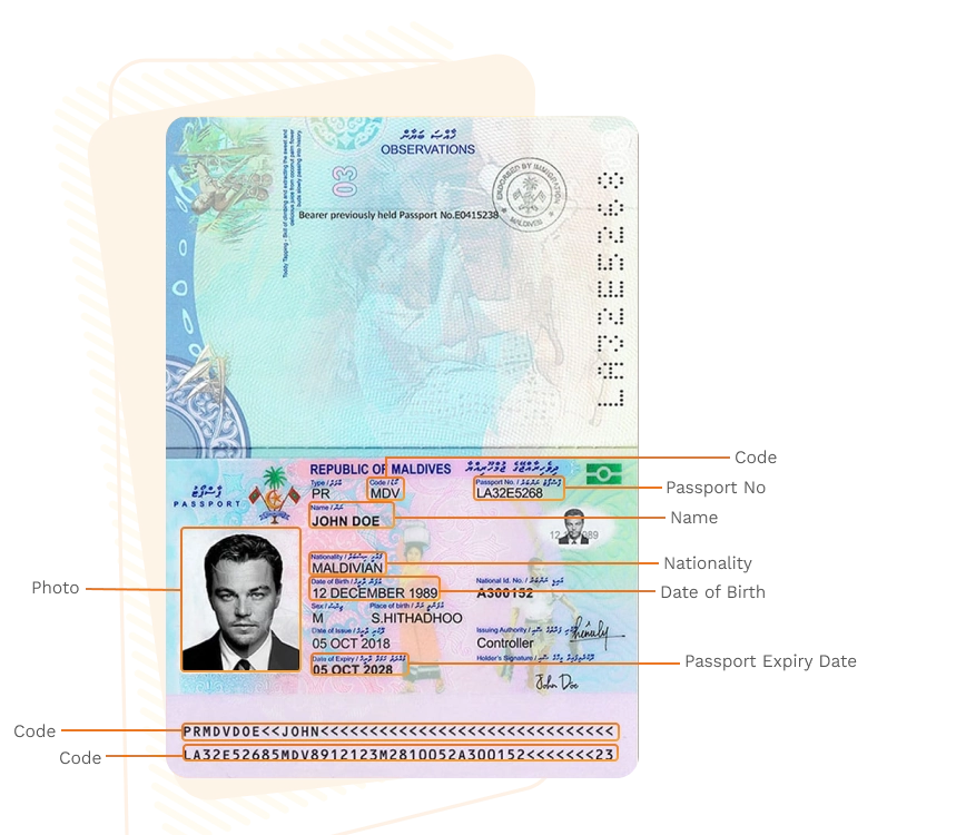 Passport sample for maldives showing required details