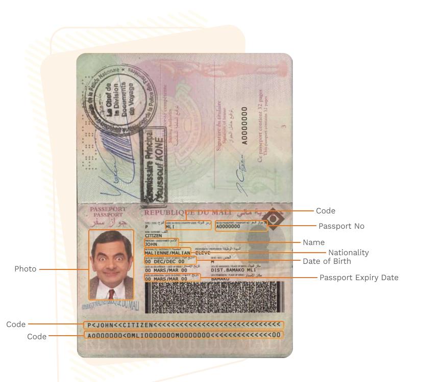 Passport sample for mali showing required details