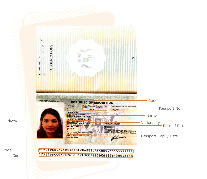 Passport sample for mauritius showing required details