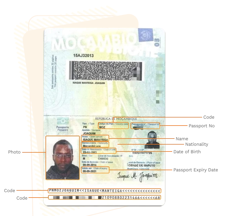 Passport sample for mozambique showing required details