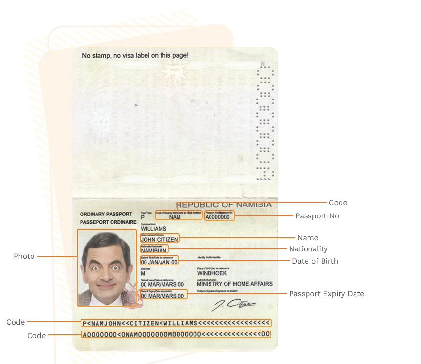 Passport sample for namibia showing required details
