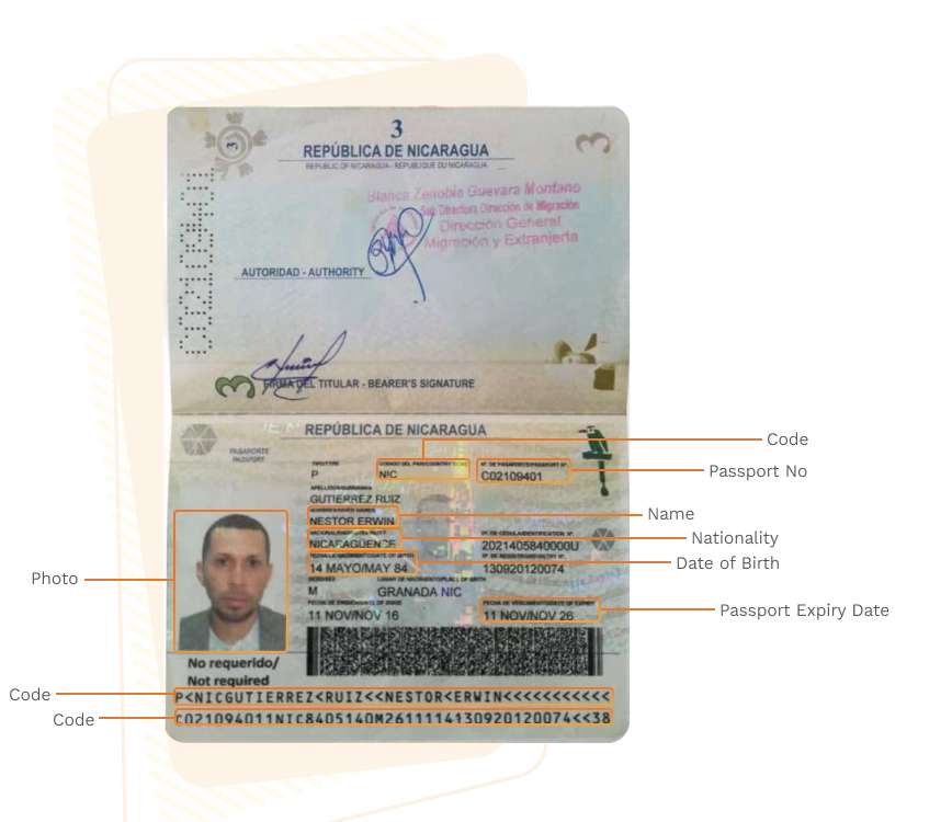 Passport sample for nicaragua showing required details