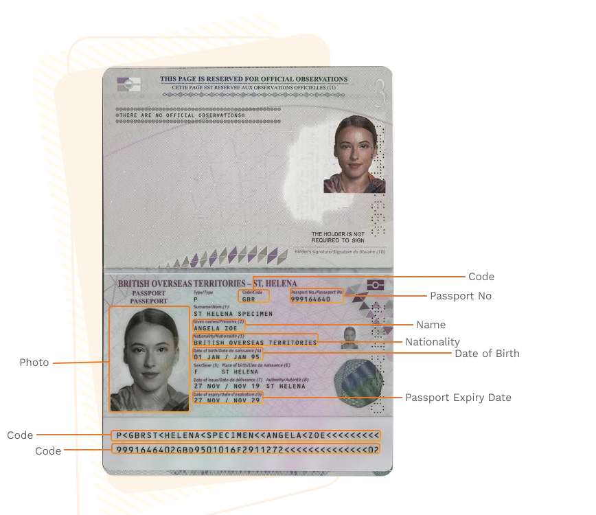 Passport sample for saint-helena showing required details
