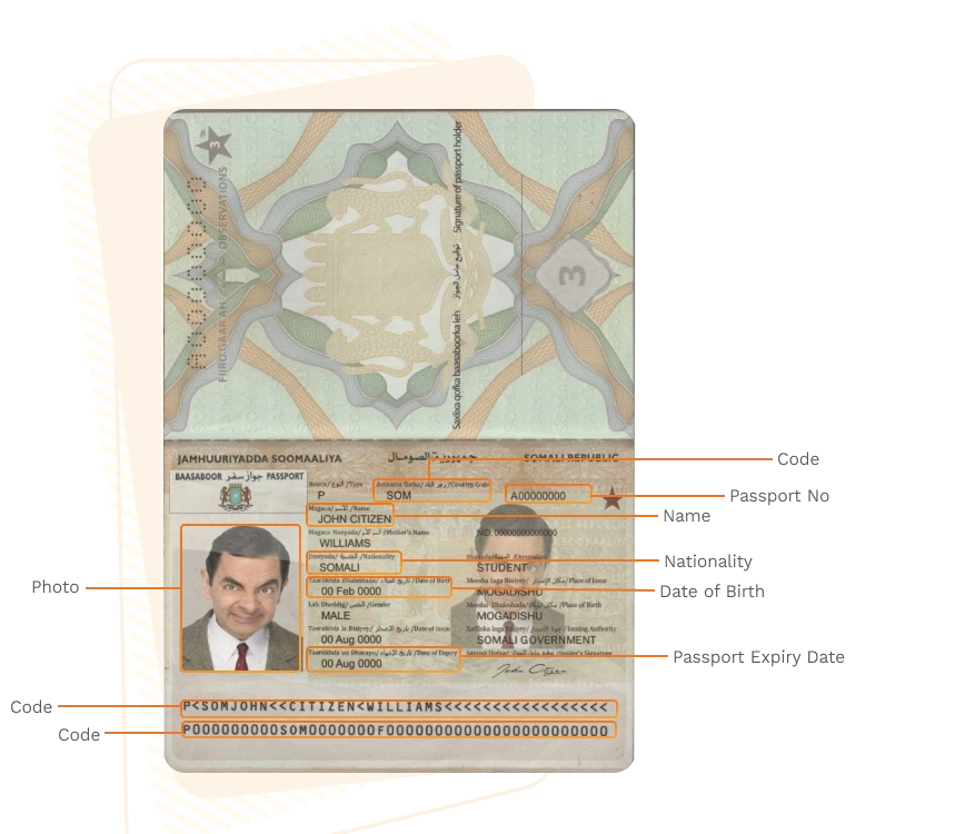 Passport sample for somalia showing required details