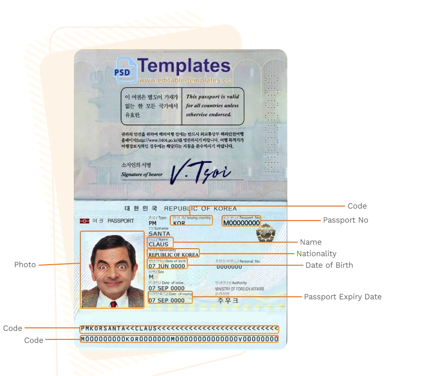 Passport sample for south-korea showing required details