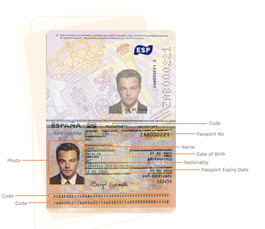 Passport sample for spain showing required details