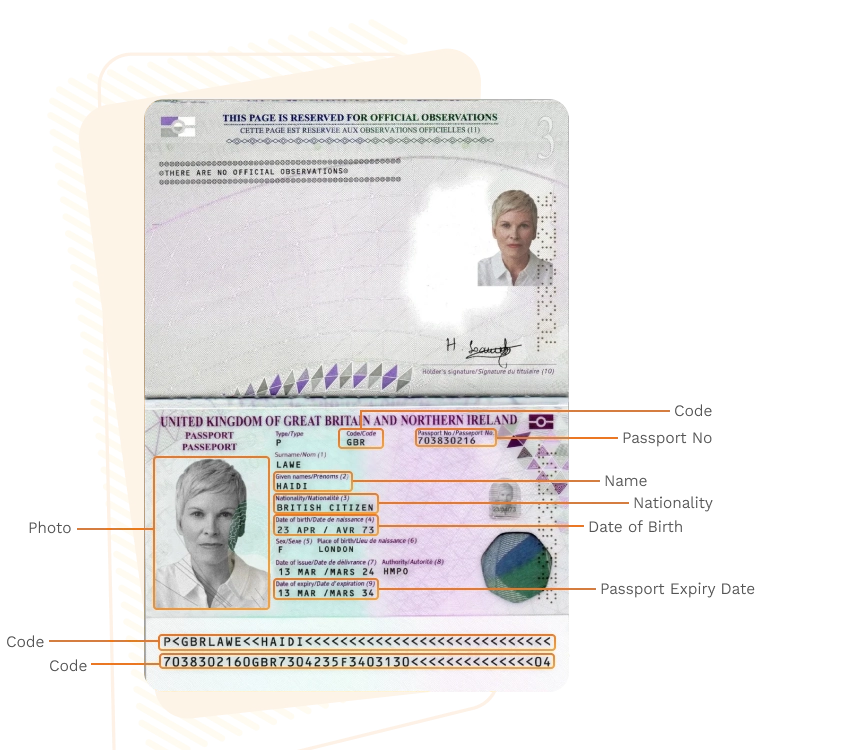 Passport sample for united-kingdom showing required details