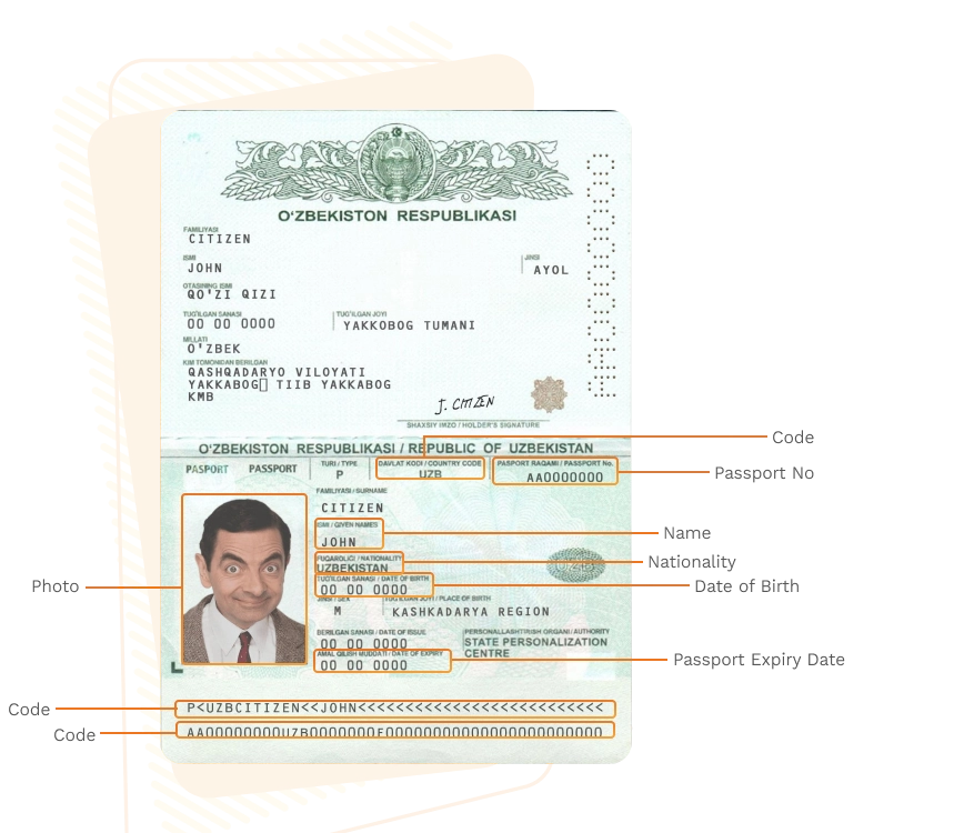 Passport sample for uzbekistan showing required details
